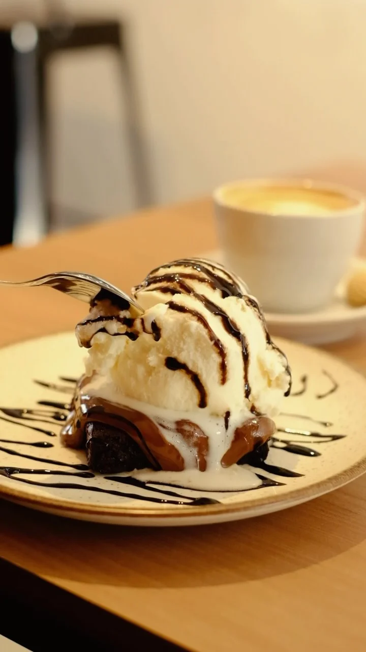 Sobremesa com sorvete e calda de chocolate, acompanhada de café.
